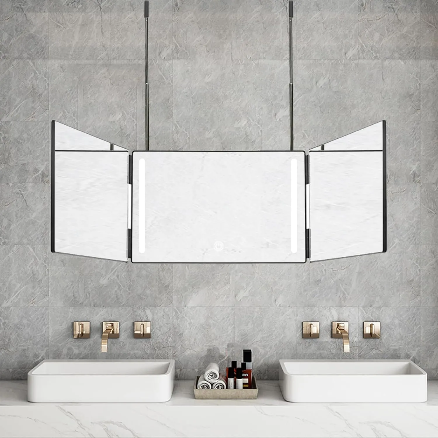 3 Way Trifold Mirror with Adjustable Height Brackets - Perfect for Haircuts, Dyeing Hair & Makeup - 5X Magnification (White with LED)