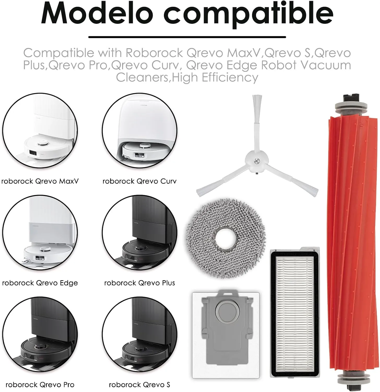 (30 Pack) QRevo S Replacement Parts Compatible with Roborock Qrevo S, Qrevo Pro, Qrevo MaxV, QRevo Plus Robot Vacuum, 2 Roller Brushes, 8 White Side Brushes, 8 Dust Bags, 8 HEPA Filters, 4 Mop Pads