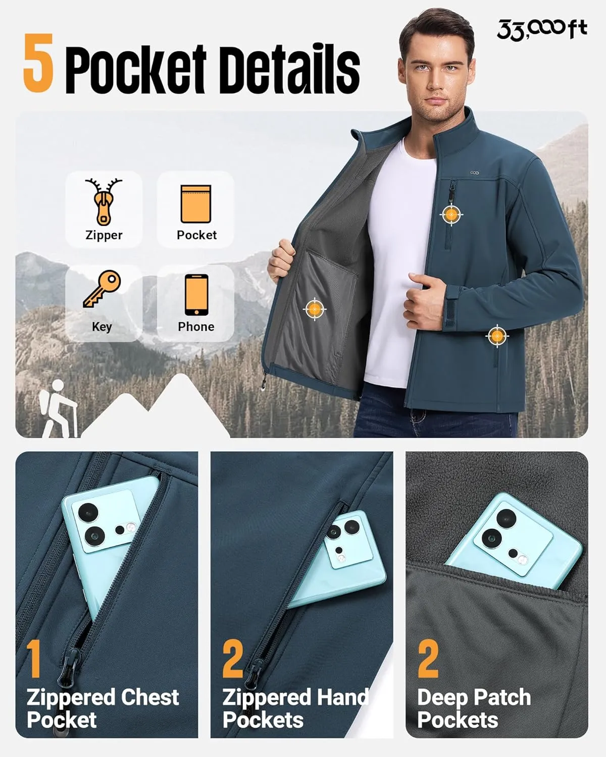 33,000ft Men's Waterproof Softshell Jacket Warm Fleece Lined Windbreaker Lightweight Soft Shell for Travel Hiking Golf