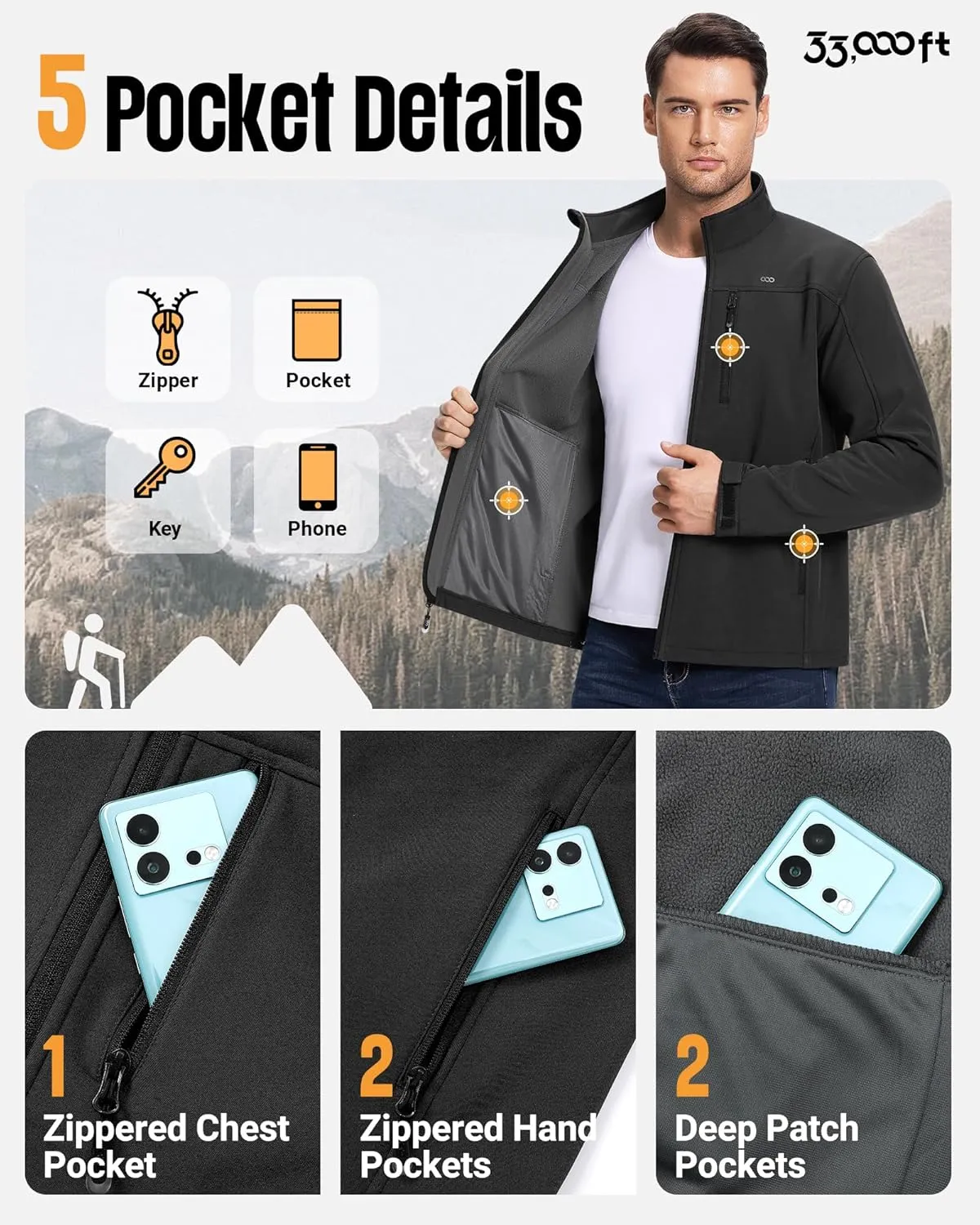 33,000ft Men's Waterproof Softshell Jacket Warm Fleece Lined Windbreaker Lightweight Soft Shell for Travel Hiking Golf
