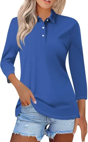 3/4 Sleeve Work Polo Shirts for Women 2024 Fall V-Neck Button-Down Pullover Top Casual Slim Fit Athletic Golf T Shirt