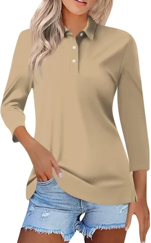 3/4 Sleeve Work Polo Shirts for Women 2024 Fall V-Neck Button-Down Pullover Top Casual Slim Fit Athletic Golf T Shirt