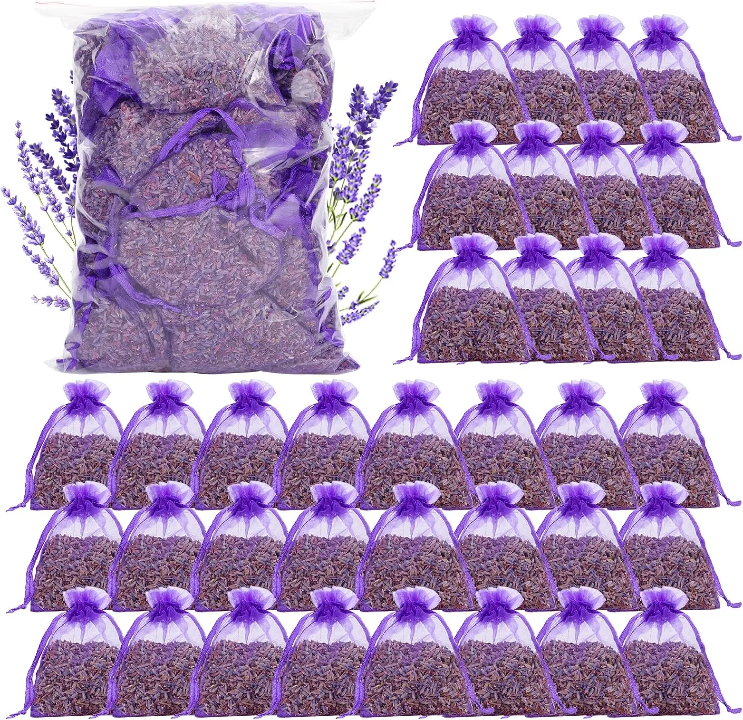 36 Pack Dried Lavender Sachets Bag, 100% Natural Dried French Lavender Buds Long-Lasting Fragrance for Closets, Drawers, Homes