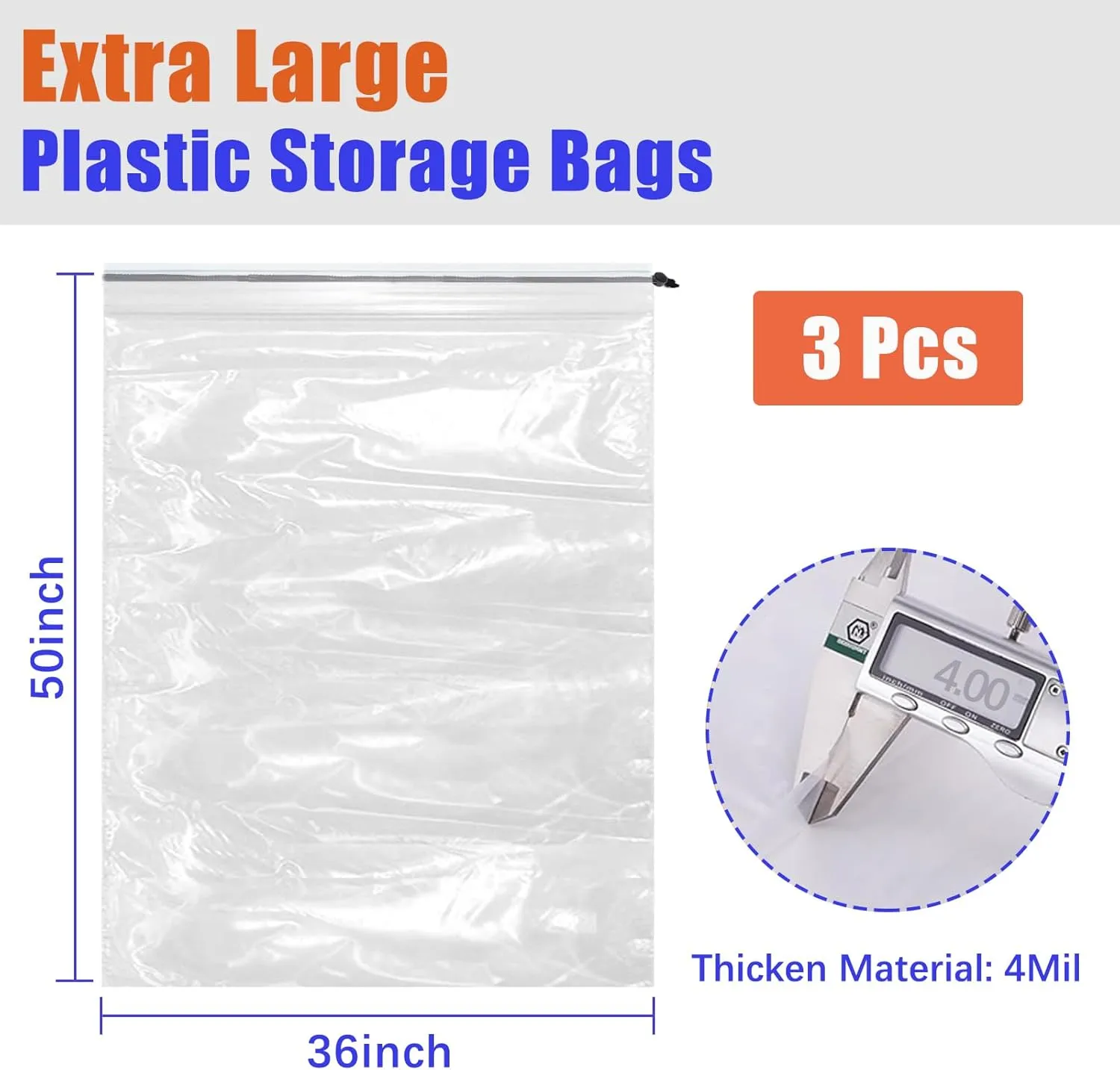 36x50 Inch Extra Large Clear Drawstring Plastic Bags 3 Pack(4 Mils), Dustproof Moistureproof Reusable Big Giant Luggage Storage Bag for Suitcase Garage Organizer, Blanket, Plush Toys