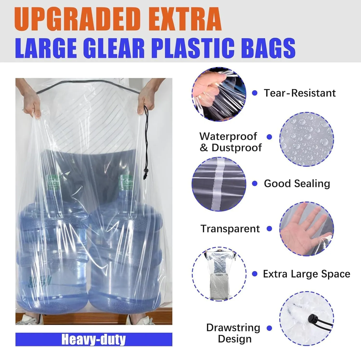 36x50 Inch Extra Large Clear Drawstring Plastic Bags 3 Pack(4 Mils), Dustproof Moistureproof Reusable Big Giant Luggage Storage Bag for Suitcase Garage Organizer, Blanket, Plush Toys