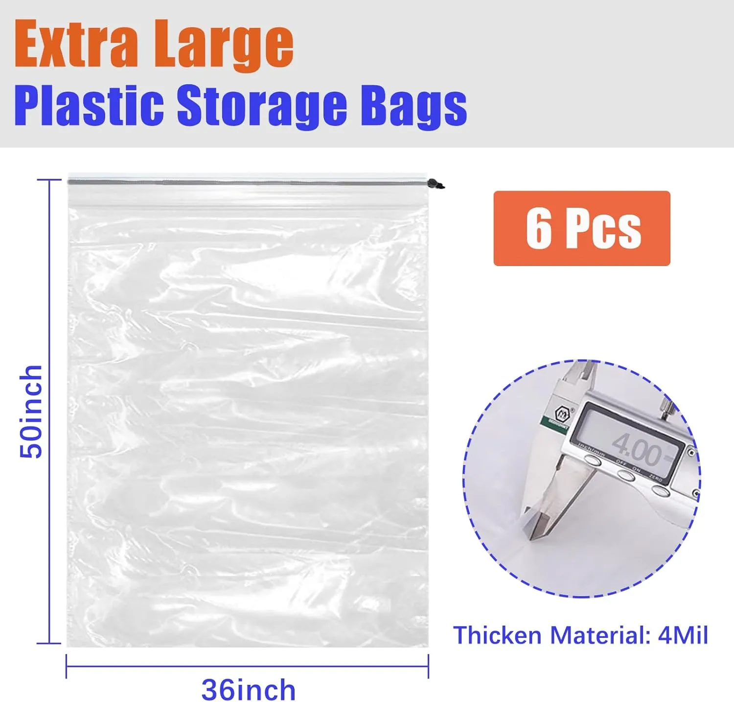 36x50 Inch Extra Large Clear Drawstring Plastic Bags 6 Pack(4 Mils), Dustproof Moistureproof Reusable Big Giant Luggage Storage Bag for Suitcase Garage Organizer, Blanket, Plush Toys