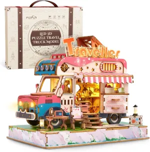 3D Wood Puzzle Travel Truck Model - DIY Miniature Adventure Truck Kit with LED Lights - Creative Gift for Kids and Adults (Camper Truck)