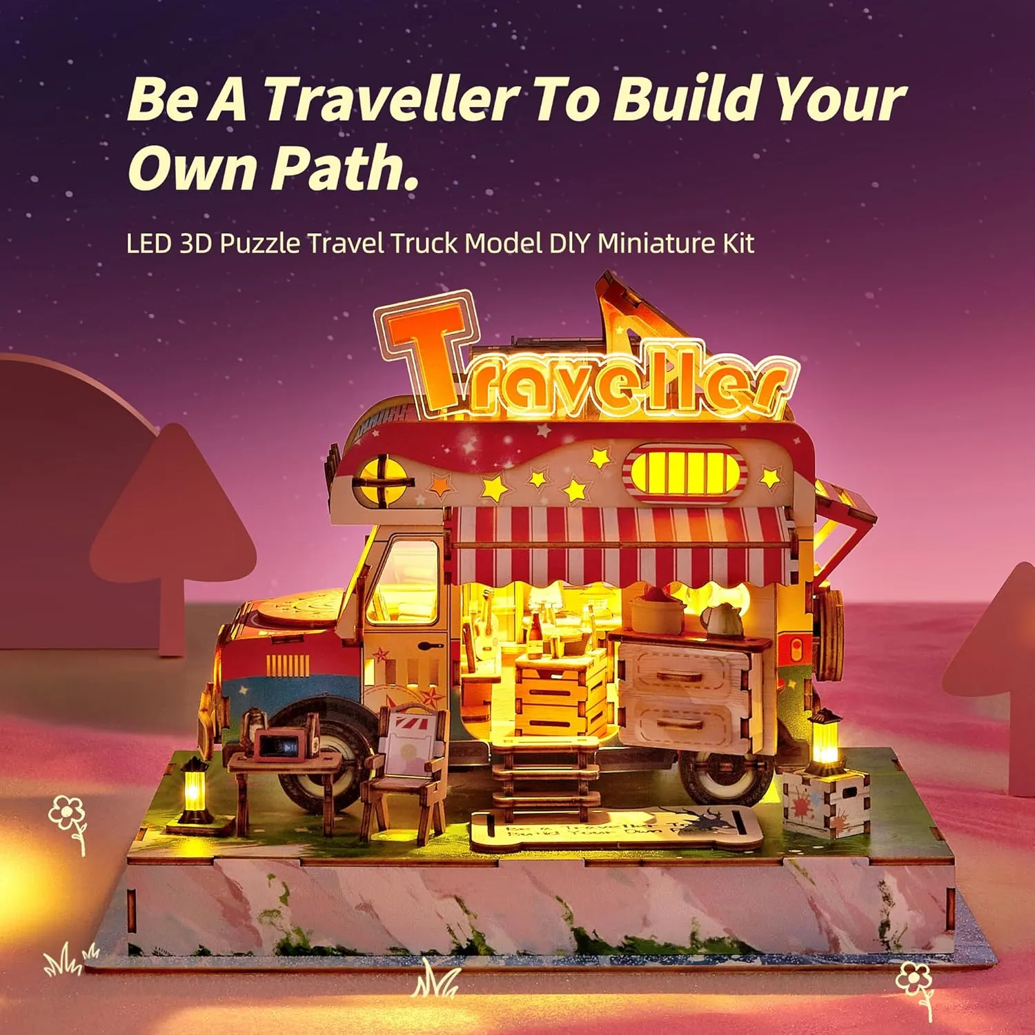 3D Wood Puzzle Travel Truck Model - DIY Miniature Adventure Truck Kit with LED Lights - Creative Gift for Kids and Adults (Camper Truck)