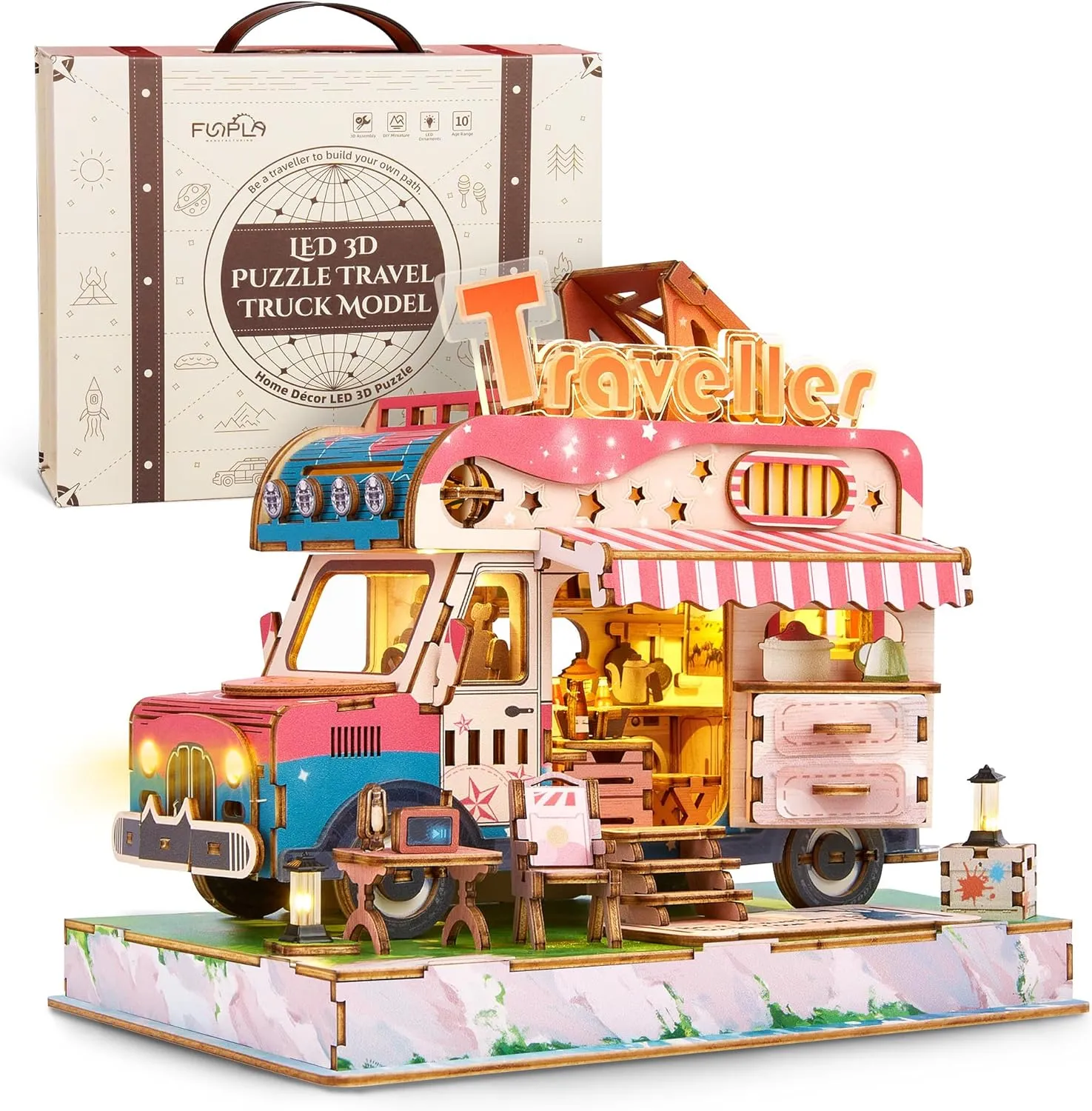 3D Wood Puzzle Travel Truck Model - DIY Miniature Adventure Truck Kit with LED Lights - Creative Gift for Kids and Adults (Camper Truck)