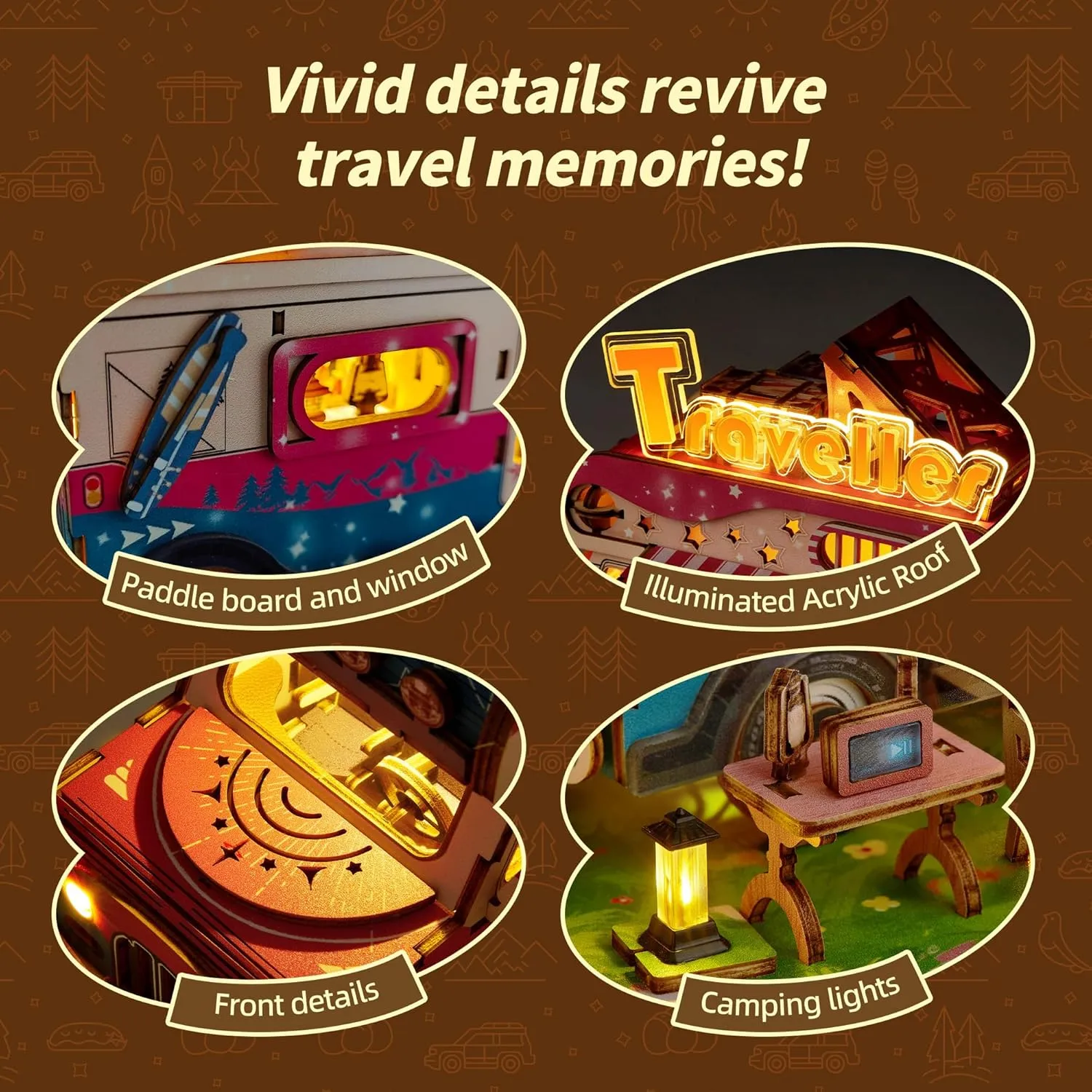 3D Wood Puzzle Travel Truck Model - DIY Miniature Adventure Truck Kit with LED Lights - Creative Gift for Kids and Adults (Camper Truck)