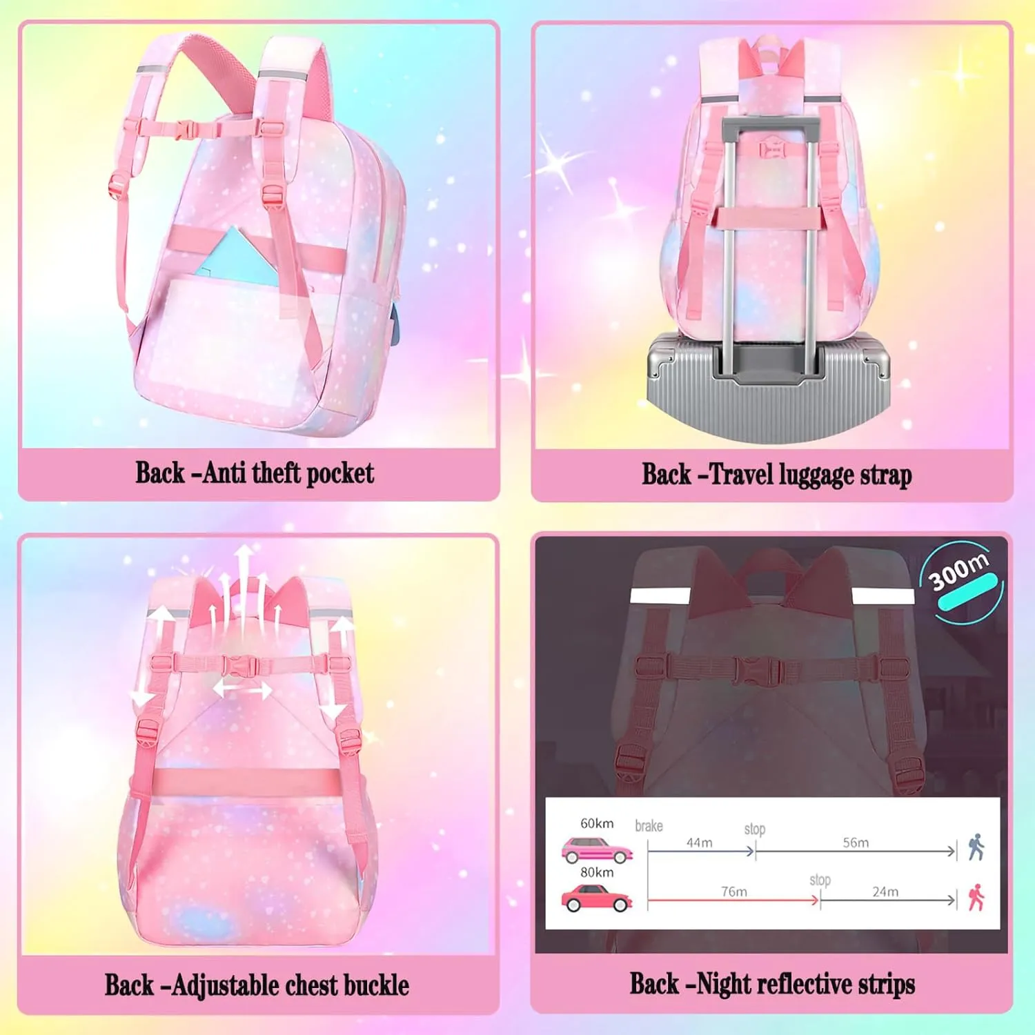 3Pcs Kids Backpack For Girls,Cute Rainbow Student School Backpack With Lunch Bag Pen Bag Set (Purple Large 17.5in