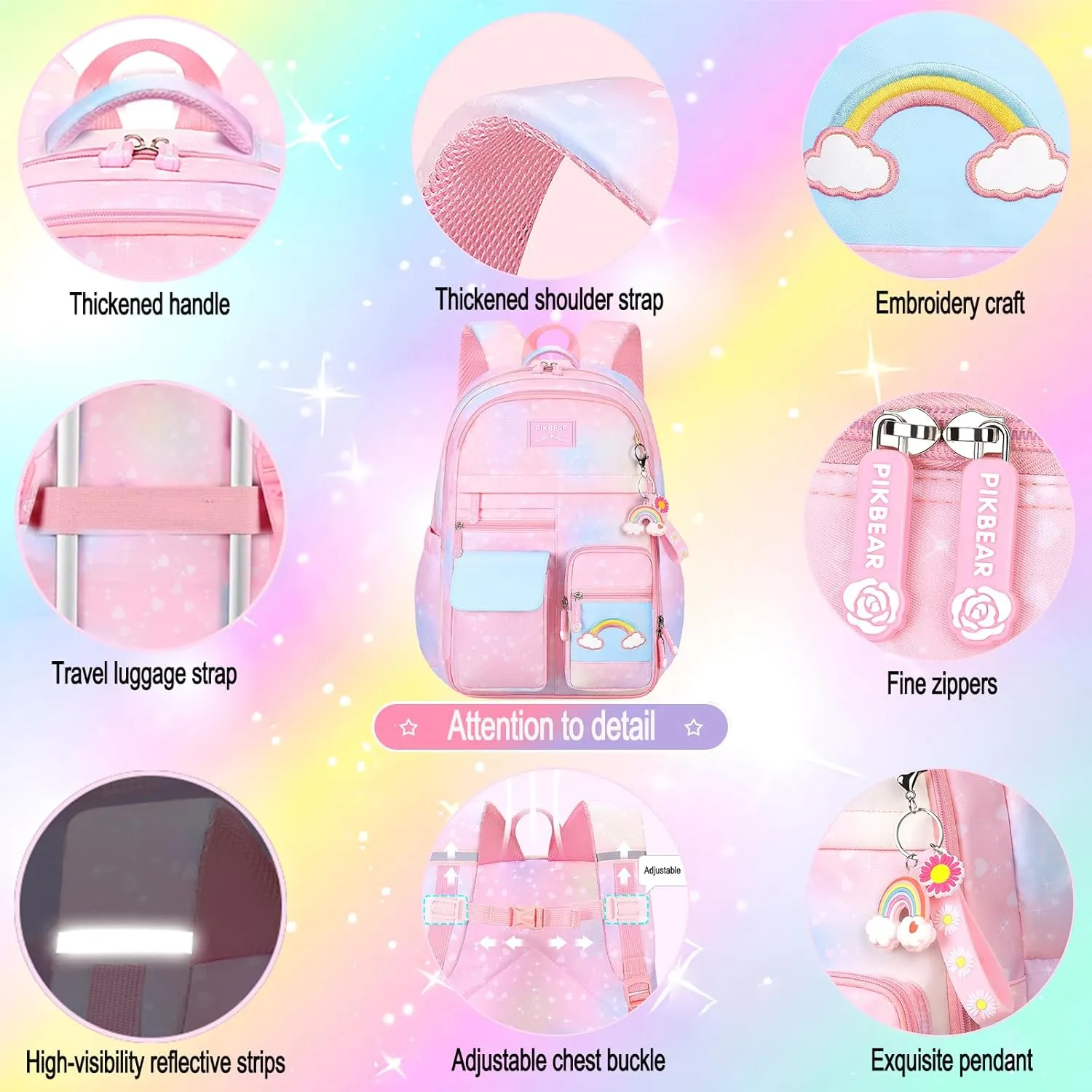 3Pcs Kids Backpack For Girls,Cute Rainbow Student School Backpack With Lunch Bag Pen Bag Set (Purple Large 17.5in