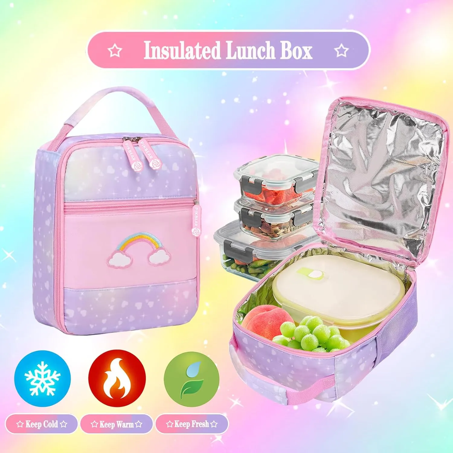 3Pcs Kids Backpack For Girls,Cute Rainbow Student School Backpack With Lunch Bag Pen Bag Set (Purple Large 17.5in