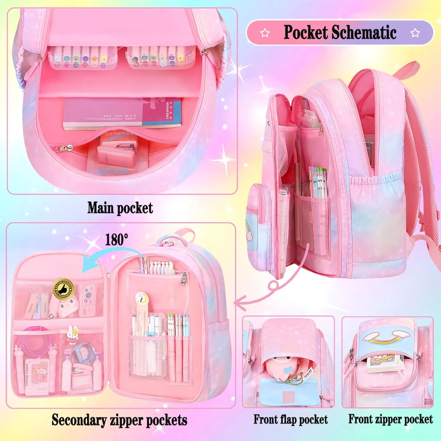 3Pcs Kids Backpack For Girls,Cute Rainbow Student School Backpack With Lunch Bag Pen Bag Set (Purple Large 17.5in