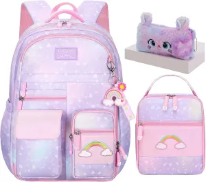 3Pcs Kids Backpack For Girls,Cute Rainbow Student School Backpack With Lunch Bag Pen Bag Set (Purple Large 17.5in