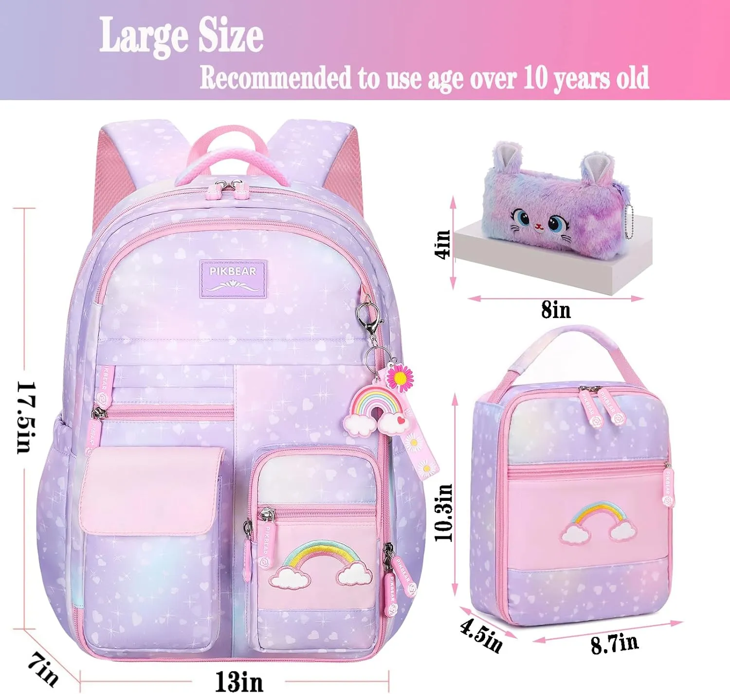 3Pcs Kids Backpack For Girls,Cute Rainbow Student School Backpack With Lunch Bag Pen Bag Set (Purple Large 17.5in
