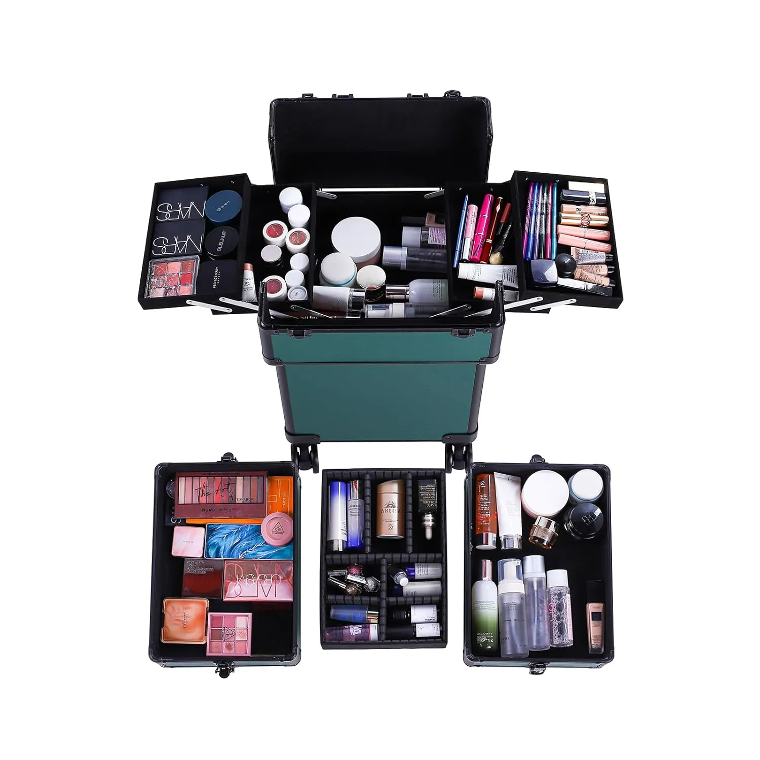 4 in 1 Rolling Makeup Train Case, Professional Aluminum Makeup Travel Organizer Cosmetic Case, Cosmetology Caboodle Case on 360° Wheels, Beauty Storage Luggage Lockable(Dark Green)