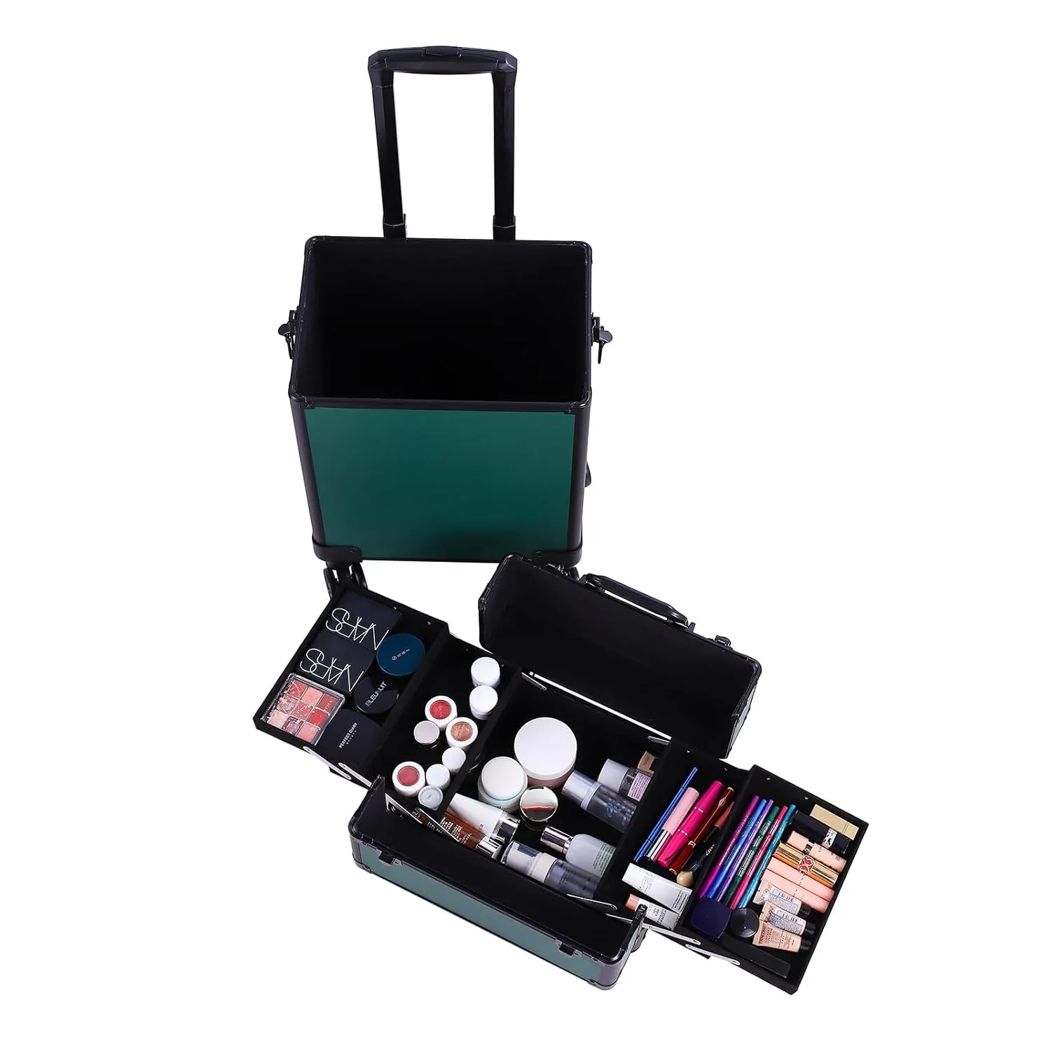 4 in 1 Rolling Makeup Train Case, Professional Aluminum Makeup Travel Organizer Cosmetic Case, Cosmetology Caboodle Case on 360° Wheels, Beauty Storage Luggage Lockable(Dark Green)
