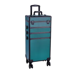 4 in 1 Rolling Makeup Train Case, Professional Aluminum Makeup Travel Organizer Cosmetic Case, Cosmetology Caboodle Case on 360° Wheels, Beauty Storage Luggage Lockable(Dark Green)