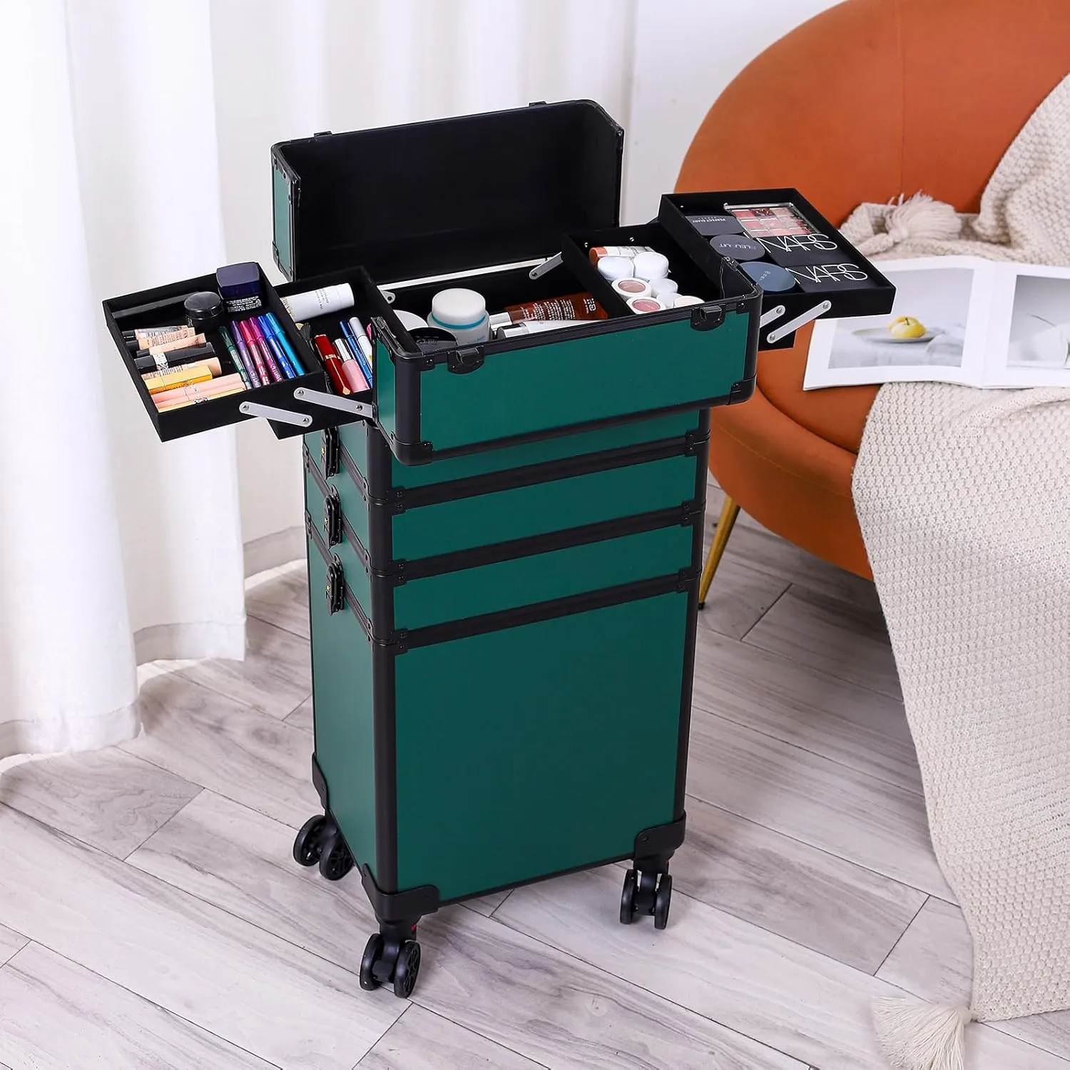 4 in 1 Rolling Makeup Train Case, Professional Aluminum Makeup Travel Organizer Cosmetic Case, Cosmetology Caboodle Case on 360° Wheels, Beauty Storage Luggage Lockable(Dark Green)