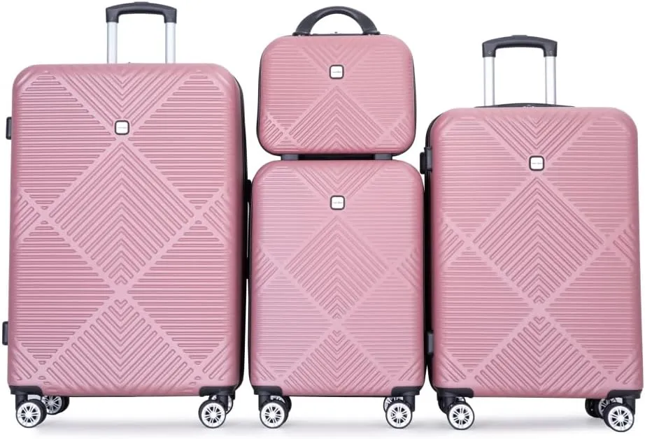 4-Piece ABS Luggage Set (14"/20"/24"/28") - Lightweight Hardshell Suitcases with Aircraft Spinner Wheels & Makeup Case - Carry-On & Checked Luggage (Pink   ABS)