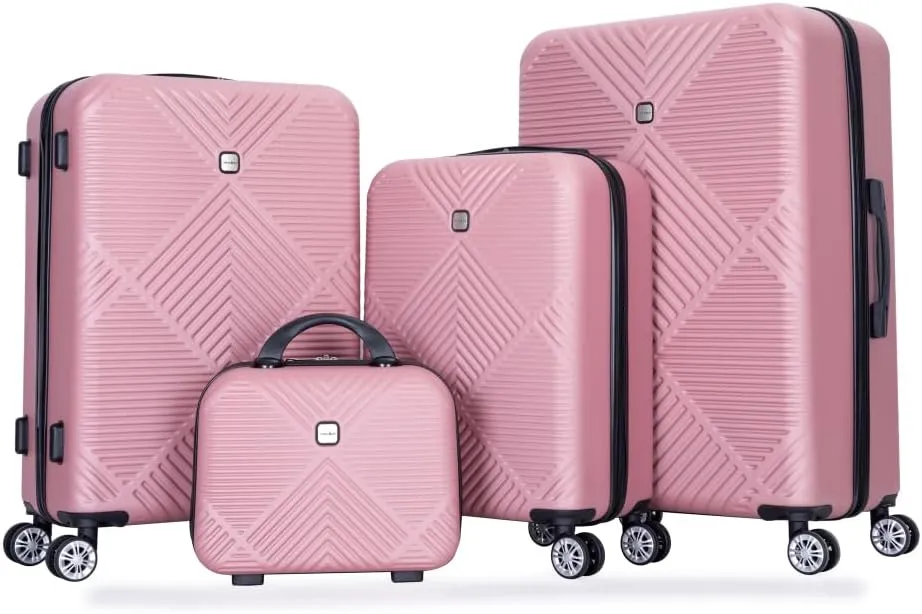 4-Piece ABS Luggage Set (14"/20"/24"/28") - Lightweight Hardshell Suitcases with Aircraft Spinner Wheels & Makeup Case - Carry-On & Checked Luggage (Pink   ABS)