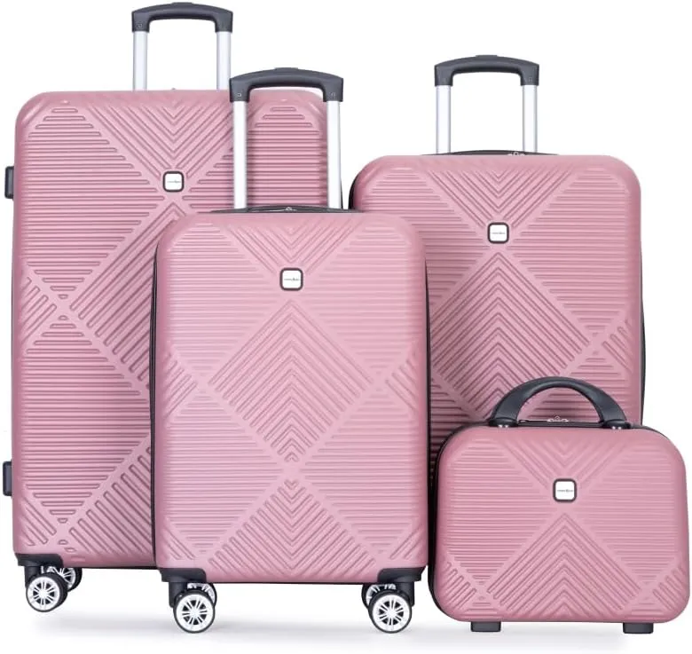 4-Piece ABS Luggage Set (14"/20"/24"/28") - Lightweight Hardshell Suitcases with Aircraft Spinner Wheels & Makeup Case - Carry-On & Checked Luggage (Pink   ABS)