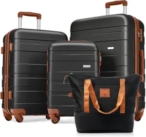 4-Piece Luggage Set with Travel Bag, 28/24/20 inch ABS Suitcases, 360° Spinner Wheels, TSA Lock，Carry on Luggage (black & brown)