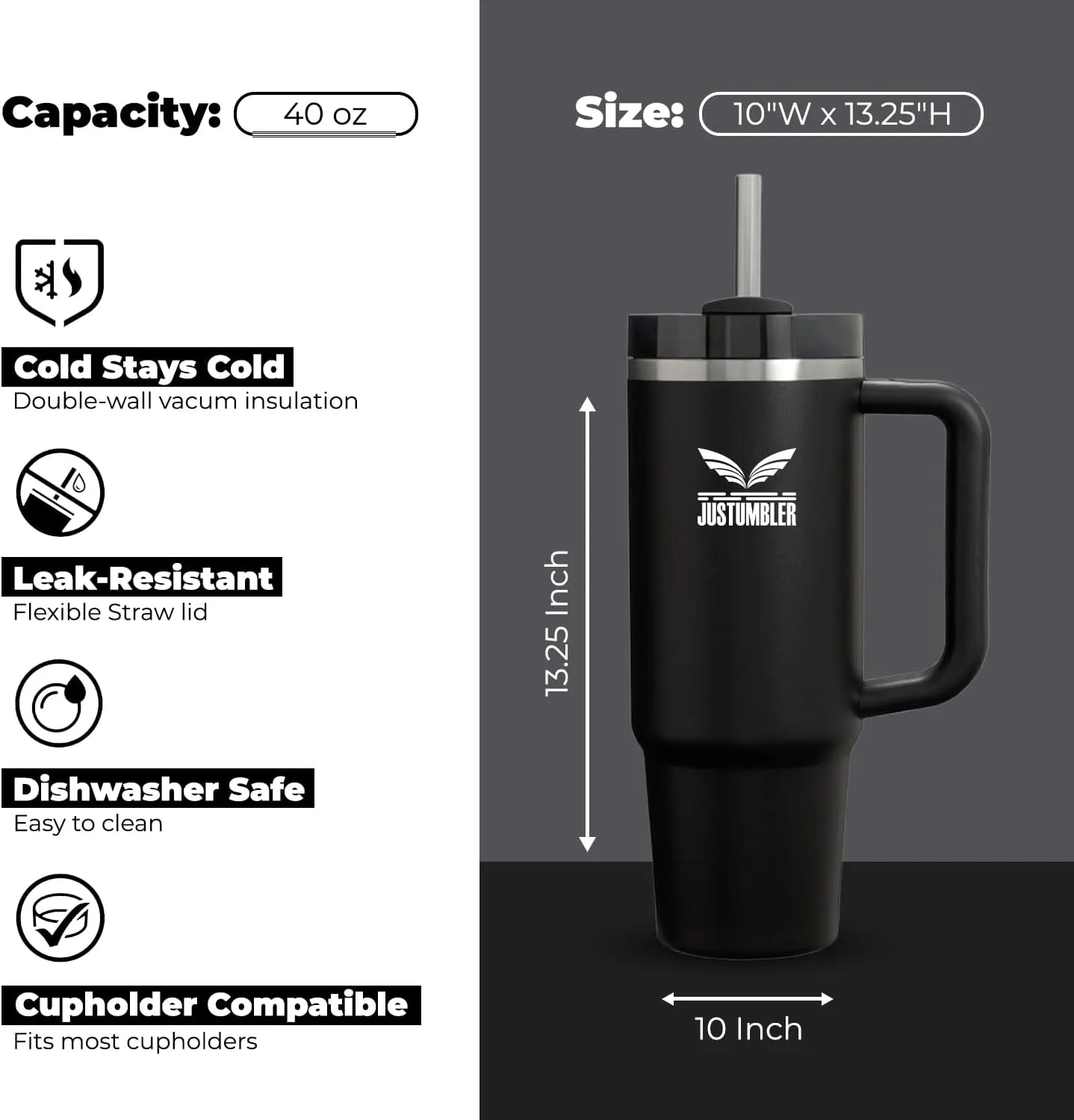 40 Oz Tumbler with Handle - Leak Proof Insulated Tumbler with Straw & Lid - BPA-free Stainless Steel Tumbler includes Silicone Boot, 3 Straws, 2 Straw Caps, & Cleaning Brush - Black