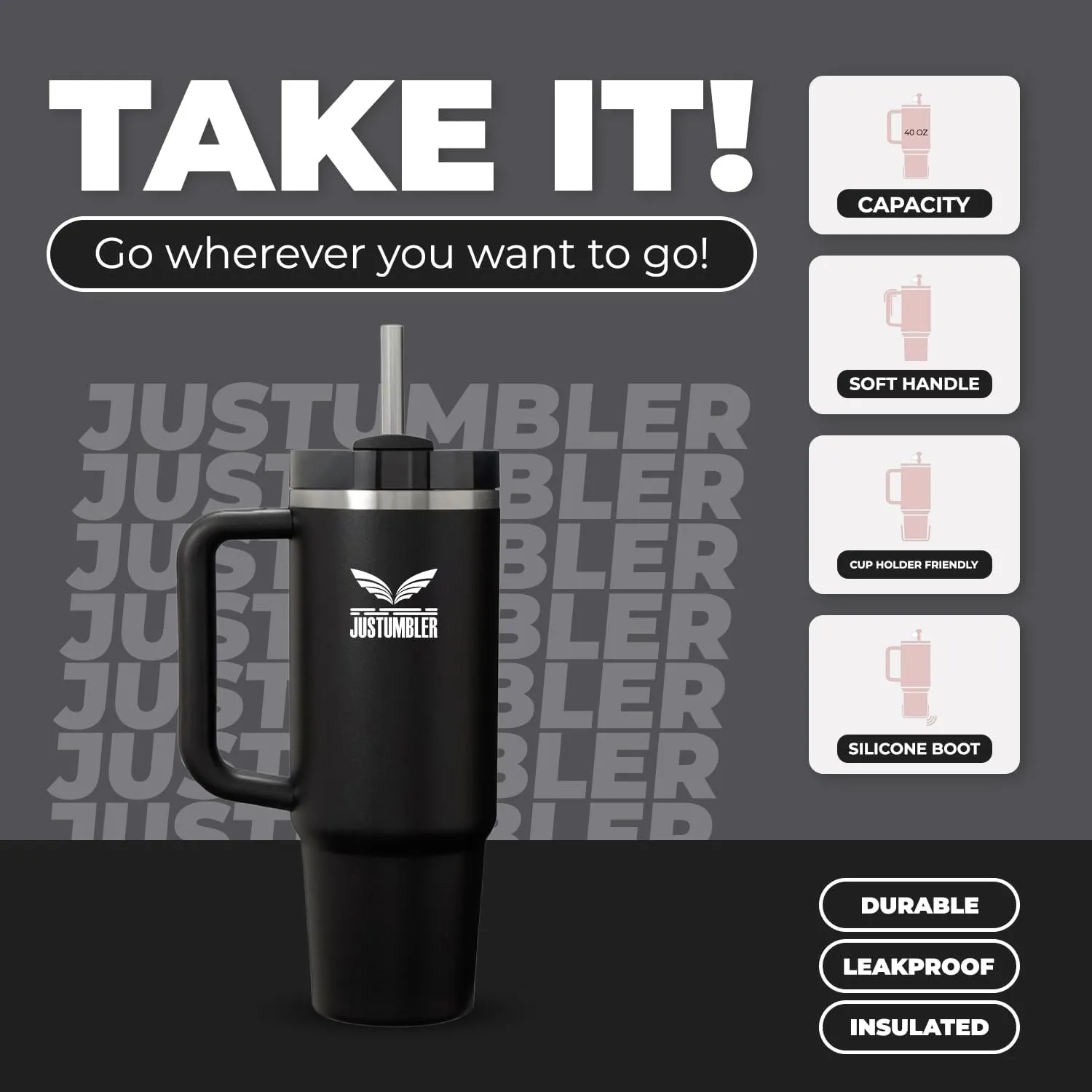 40 Oz Tumbler with Handle - Leak Proof Insulated Tumbler with Straw & Lid - BPA-free Stainless Steel Tumbler includes Silicone Boot, 3 Straws, 2 Straw Caps, & Cleaning Brush - Black