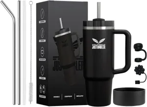 40 Oz Tumbler with Handle - Leak Proof Insulated Tumbler with Straw & Lid - BPA-free Stainless Steel Tumbler includes Silicone Boot, 3 Straws, 2 Straw Caps, & Cleaning Brush - Black