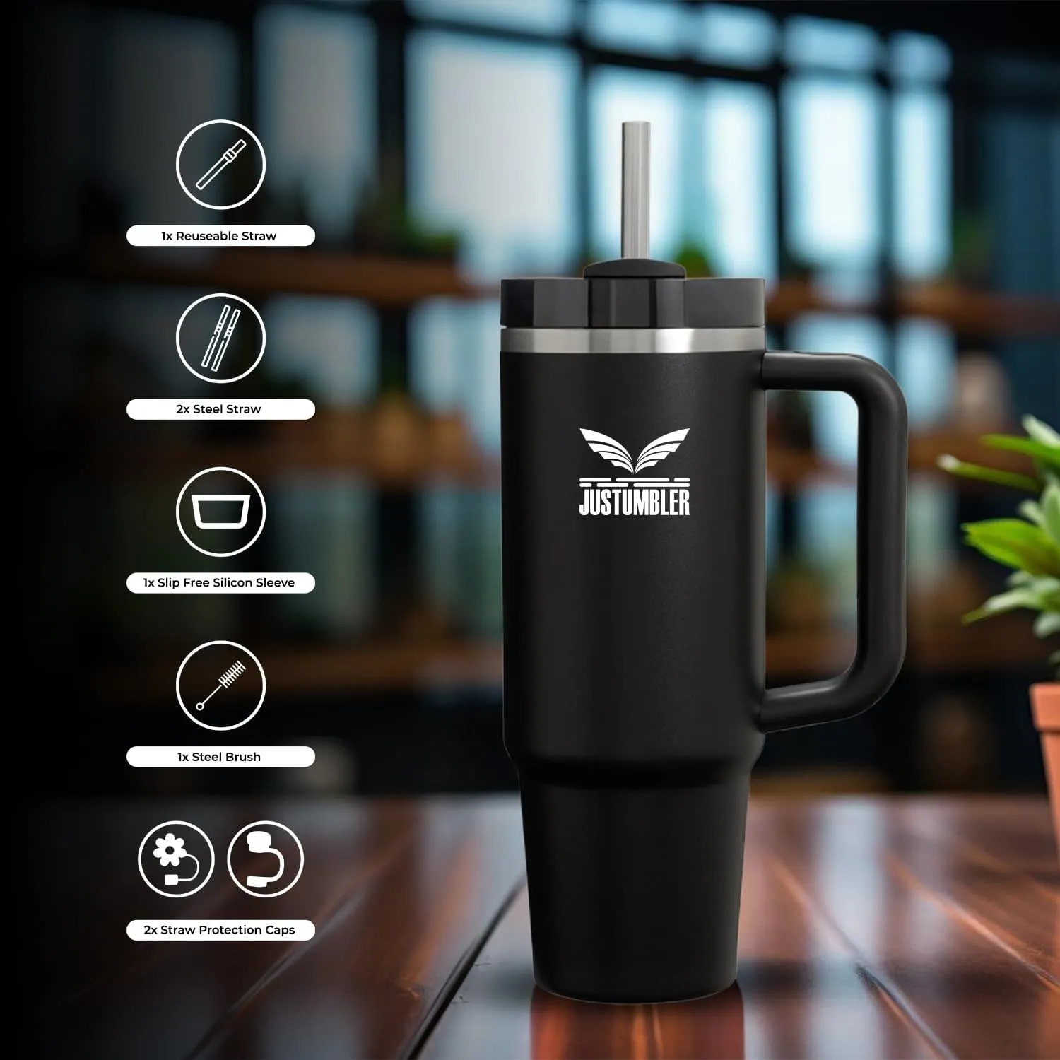 40 Oz Tumbler with Handle - Leak Proof Insulated Tumbler with Straw & Lid - BPA-free Stainless Steel Tumbler includes Silicone Boot, 3 Straws, 2 Straw Caps, & Cleaning Brush - Black