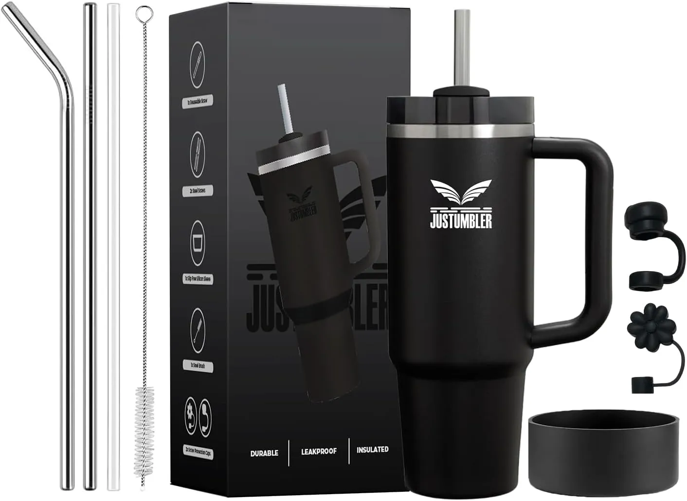 40 Oz Tumbler with Handle - Leak Proof Insulated Tumbler with Straw & Lid - BPA-free Stainless Steel Tumbler includes Silicone Boot, 3 Straws, 2 Straw Caps, & Cleaning Brush - Black
