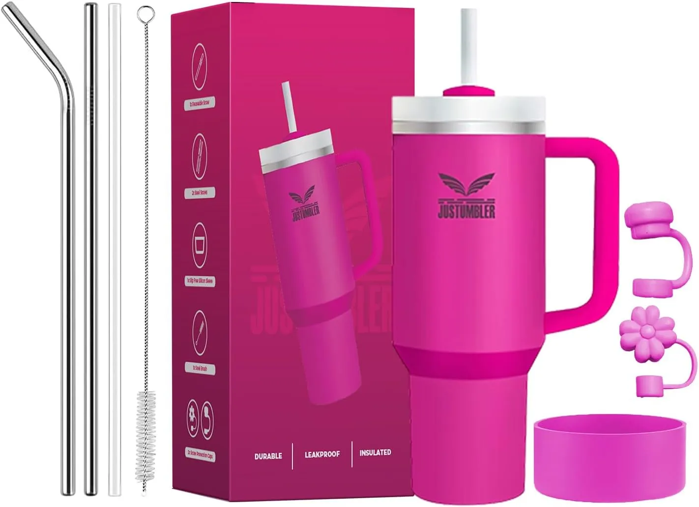 40 Oz Tumbler with Handle - Leak Proof Insulated Tumbler with Straw & Lid - BPA-free Stainless Steel Tumbler includes Silicone Boot, 3 Straws, 2 Straw Caps, & Cleaning Brush - Fuchsia