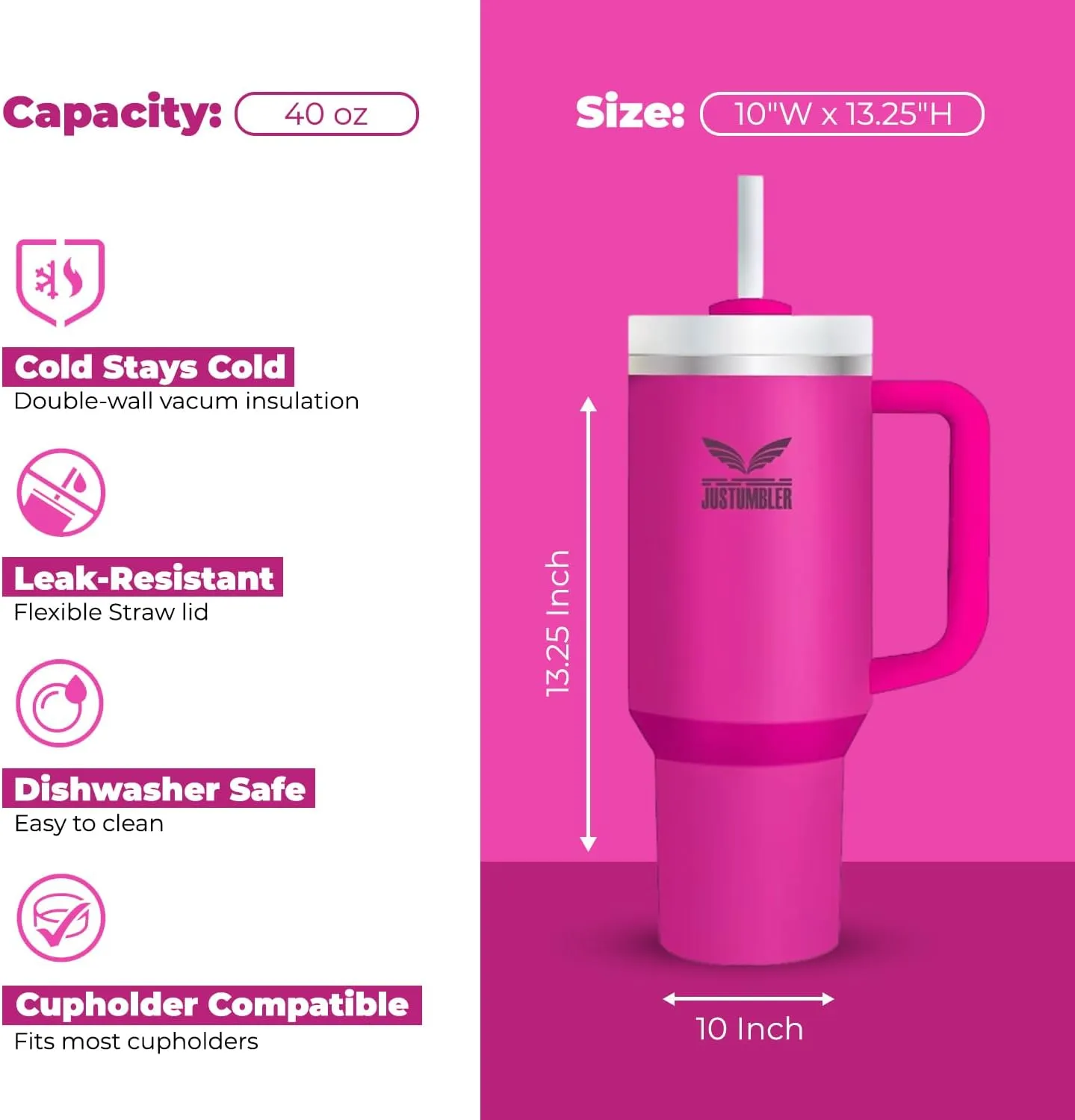 40 Oz Tumbler with Handle - Leak Proof Insulated Tumbler with Straw & Lid - BPA-free Stainless Steel Tumbler includes Silicone Boot, 3 Straws, 2 Straw Caps, & Cleaning Brush - Fuchsia