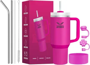 40 Oz Tumbler with Handle - Leak Proof Insulated Tumbler with Straw & Lid - BPA-free Stainless Steel Tumbler includes Silicone Boot, 3 Straws, 2 Straw Caps, & Cleaning Brush - Fuchsia