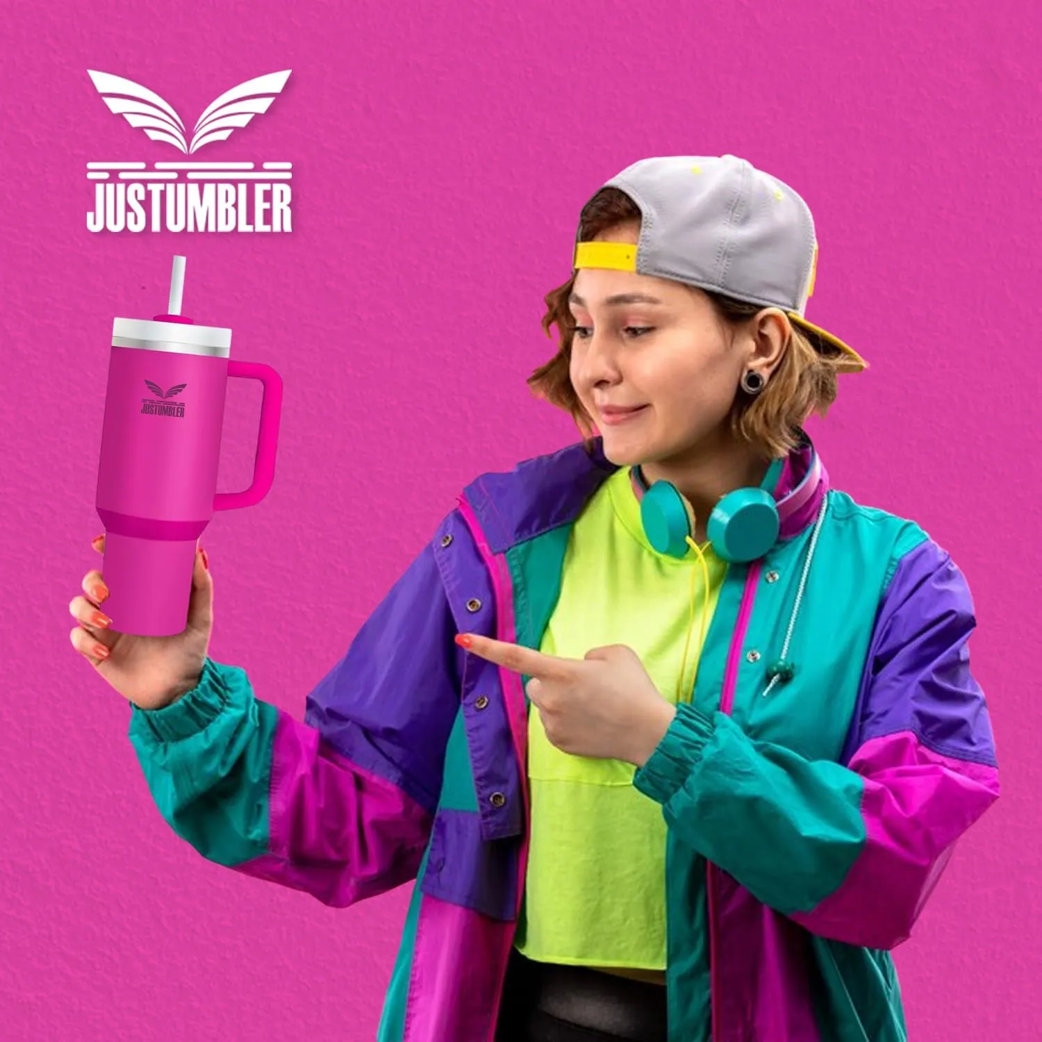 40 Oz Tumbler with Handle - Leak Proof Insulated Tumbler with Straw & Lid - BPA-free Stainless Steel Tumbler includes Silicone Boot, 3 Straws, 2 Straw Caps, & Cleaning Brush - Fuchsia