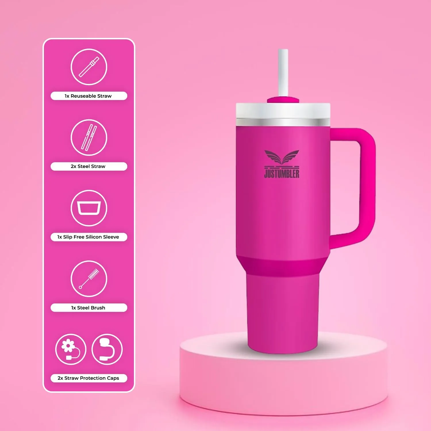 40 Oz Tumbler with Handle - Leak Proof Insulated Tumbler with Straw & Lid - BPA-free Stainless Steel Tumbler includes Silicone Boot, 3 Straws, 2 Straw Caps, & Cleaning Brush - Fuchsia