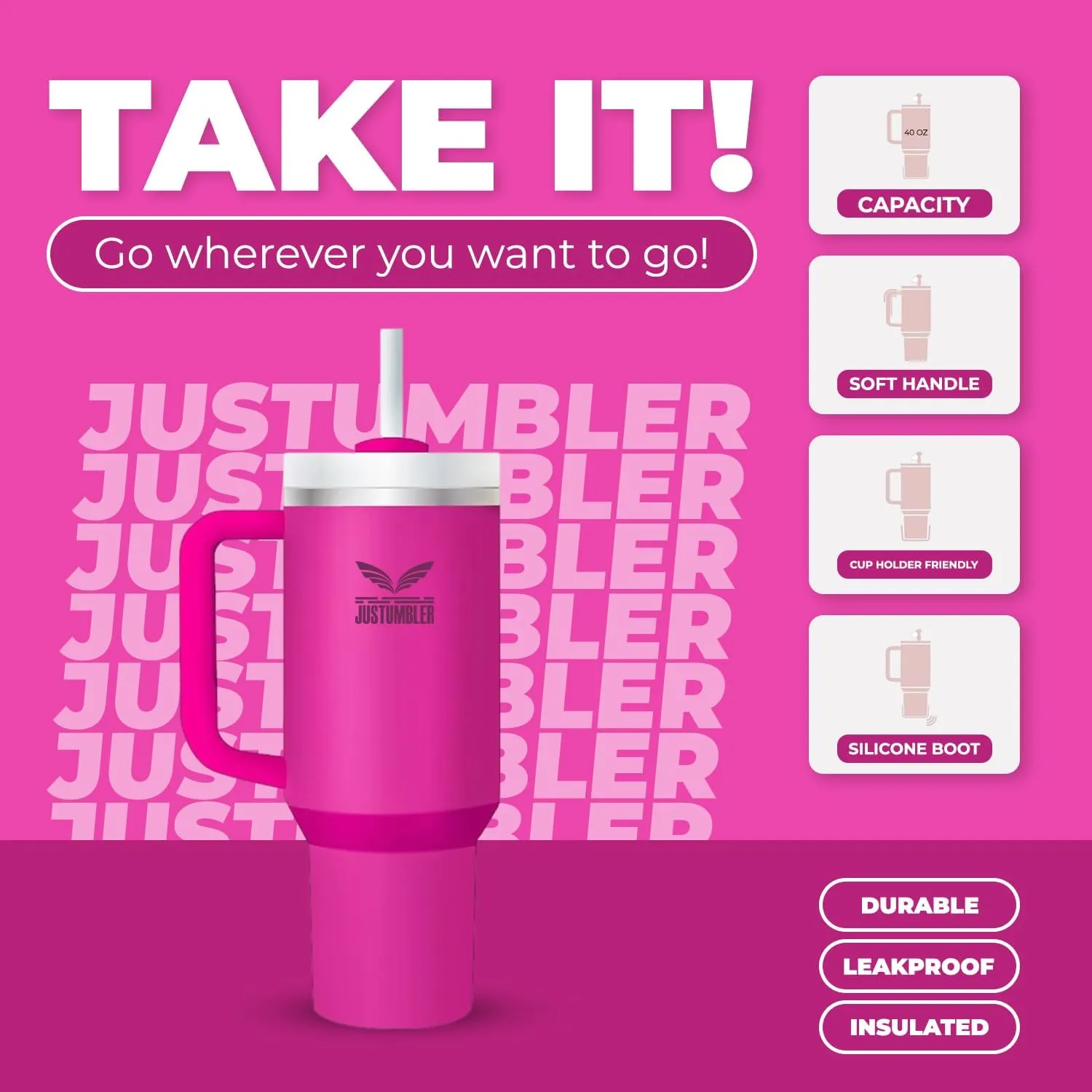 40 Oz Tumbler with Handle - Leak Proof Insulated Tumbler with Straw & Lid - BPA-free Stainless Steel Tumbler includes Silicone Boot, 3 Straws, 2 Straw Caps, & Cleaning Brush - Fuchsia