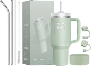 40 Oz Tumbler with Handle - Leak Proof Insulated Tumbler with Straw & Lid - BPA-free Stainless Steel Tumbler includes Silicone Boot, 3 Straws, 2 Straw Caps, & Cleaning Brush - Matcha Cream