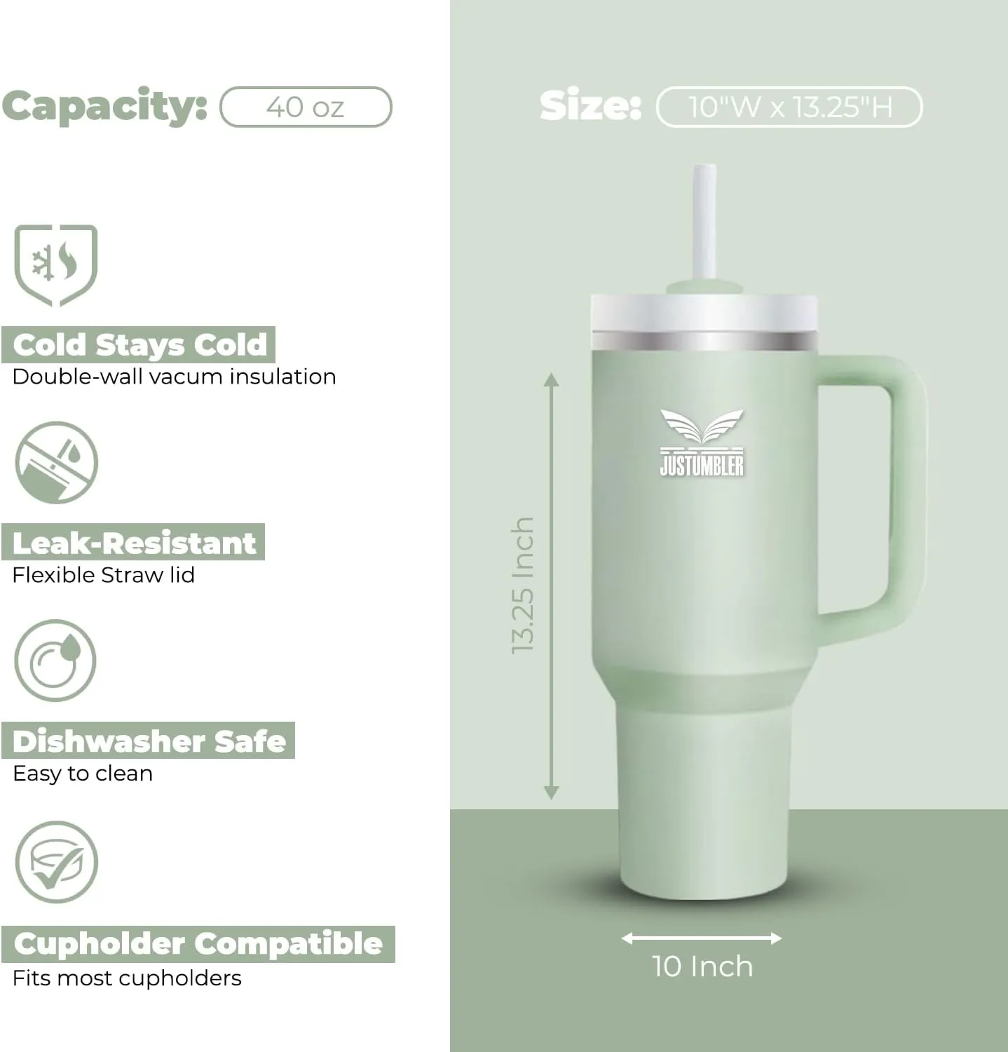 40 Oz Tumbler with Handle - Leak Proof Insulated Tumbler with Straw & Lid - BPA-free Stainless Steel Tumbler includes Silicone Boot, 3 Straws, 2 Straw Caps, & Cleaning Brush - Matcha Cream