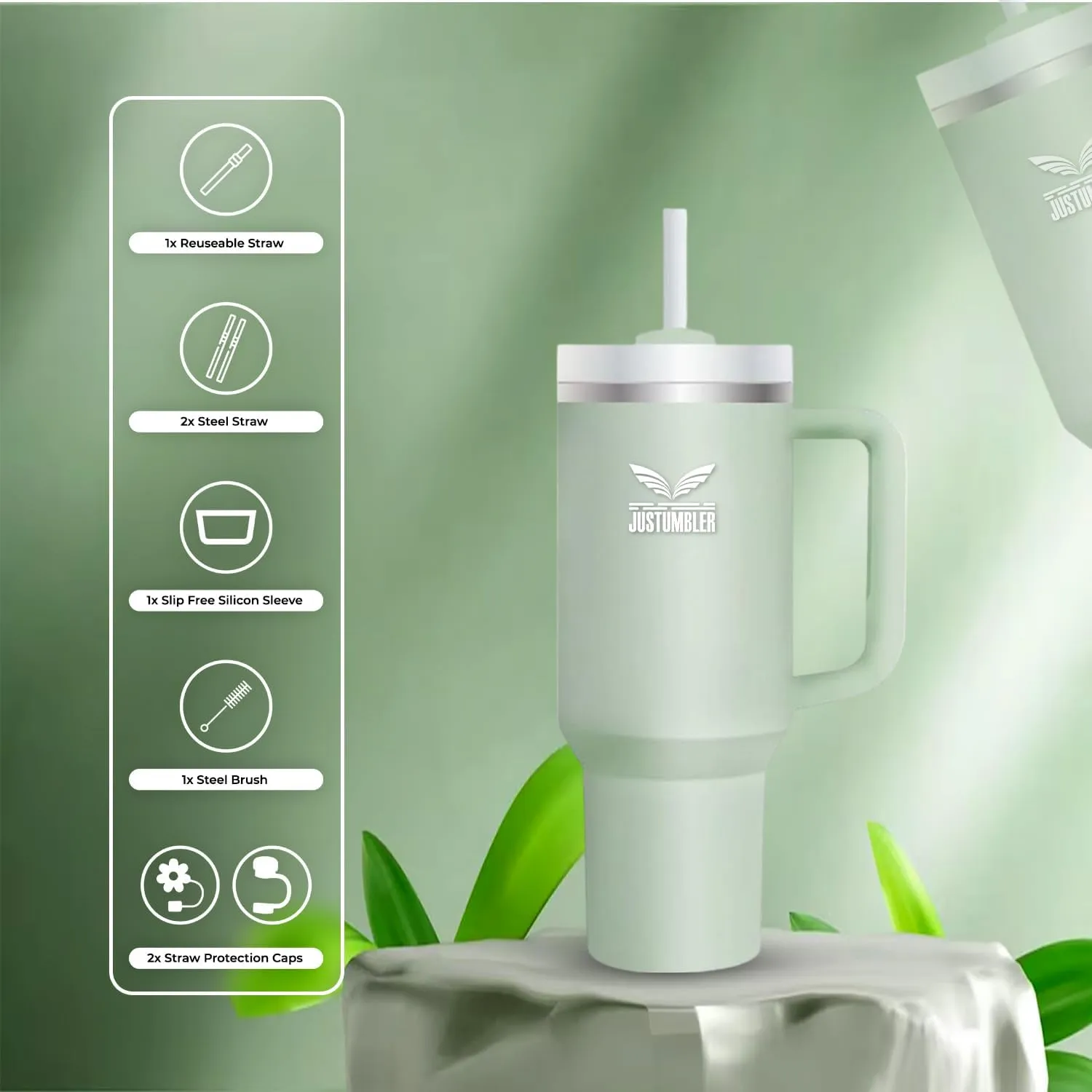 40 Oz Tumbler with Handle - Leak Proof Insulated Tumbler with Straw & Lid - BPA-free Stainless Steel Tumbler includes Silicone Boot, 3 Straws, 2 Straw Caps, & Cleaning Brush - Matcha Cream