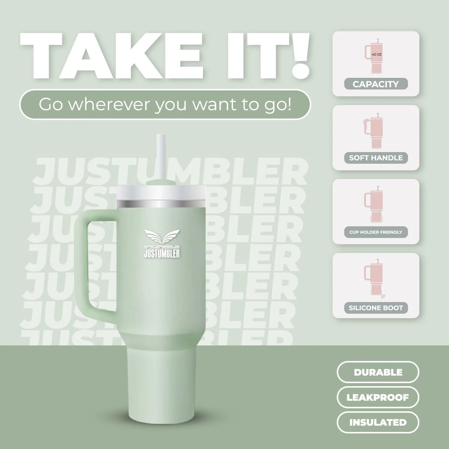 40 Oz Tumbler with Handle - Leak Proof Insulated Tumbler with Straw & Lid - BPA-free Stainless Steel Tumbler includes Silicone Boot, 3 Straws, 2 Straw Caps, & Cleaning Brush - Matcha Cream
