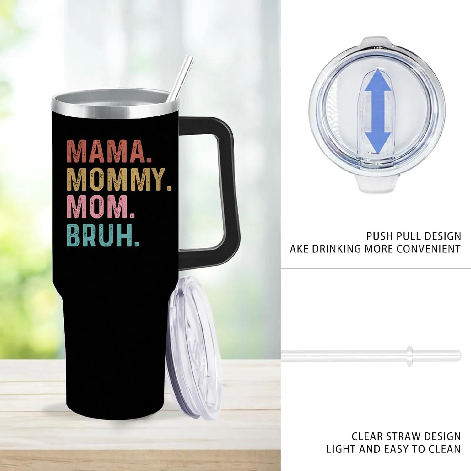 40oz Tumbler with Handle Mama Mommy Mom Bruh Tumbler Insulated for Hot and Cold Tumbler with Lids and Straws for Women