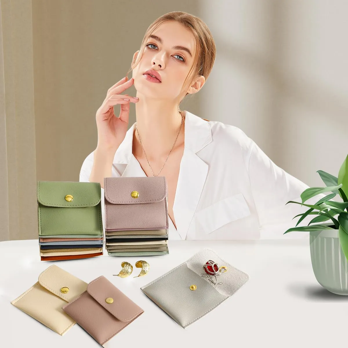 40pcs PU Leather Small Bags for Jewelry 8 x 8cm Snap Button Jewelry Packaging Bag Dark Pink Luxury Small Favor Bags Jewelry Gift Bags for Earrings Necklaces Bracelet Ring