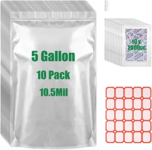 5 Gallon Mylar Bags for Food Storage,10.5 Mil Mylar Bags with Oxygen Absorbers 2000cc-10 Mylar Bag 5 Gallon,Stand-Up Zipper Resealable Bags & Heat Sealable Food Storage Bags   Labels
