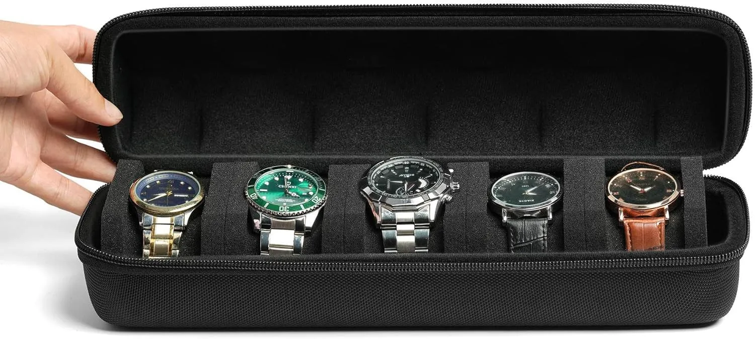 5 watch travel case roll, Portable watch carry case roll storage organizer box for men and women with soft foam pillows snug fit all size watches up to 60mm face