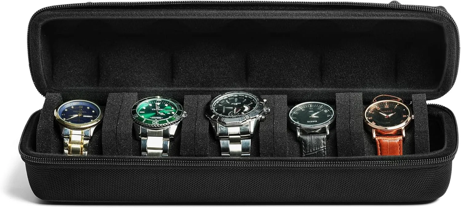 5 watch travel case roll, Portable watch carry case roll storage organizer box for men and women with soft foam pillows snug fit all size watches up to 60mm face