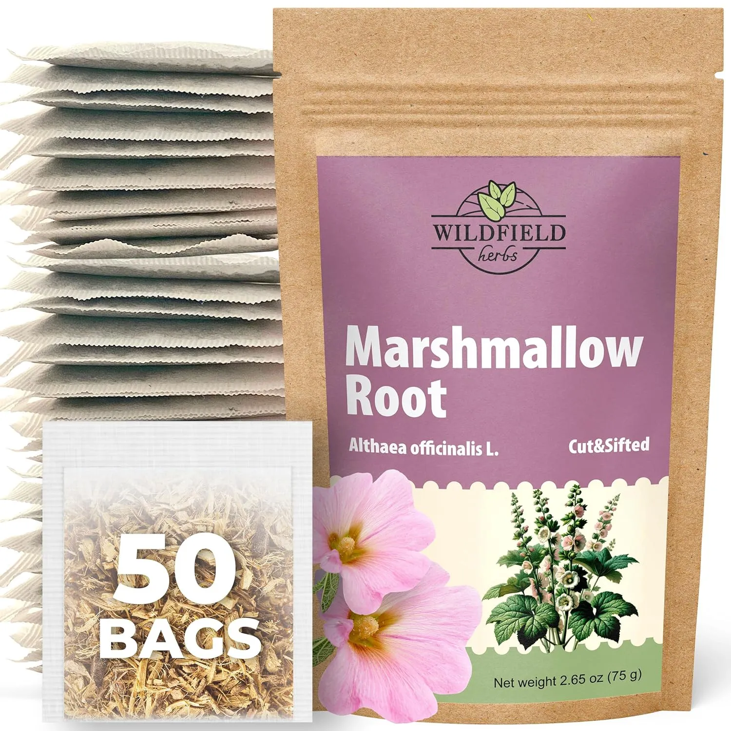 50 Bags Dried Marshmallow Root Tea Marshmallow Root Herb Herbal Tea (Althaea Officinalis) - 50 Count Bags Cut Sifted Herb Raíz De Malvavisco