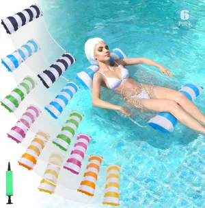 6 Pack Inflatable Pool Floats Adult w/Air Pump, 4-in-1 (Water Hammock, Lounge Chair, Drifter, Saddle) Striped Multi-Purpose PVC Mesh Swimming Pool Rafts River Lake Floaties for Adults Vacation Fun